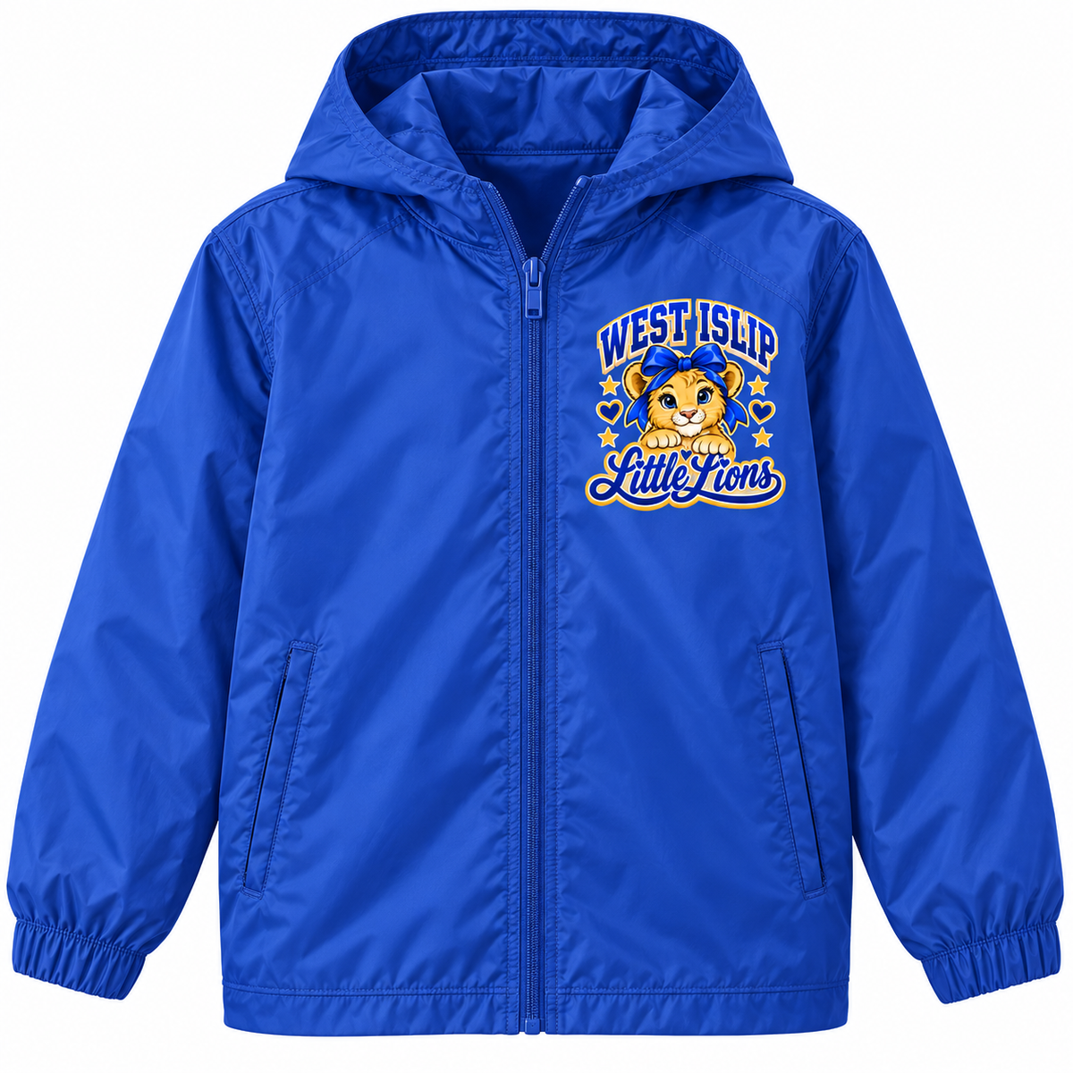 West Islip Little Lions girls youth windbreaker in Royal Blue, front view
