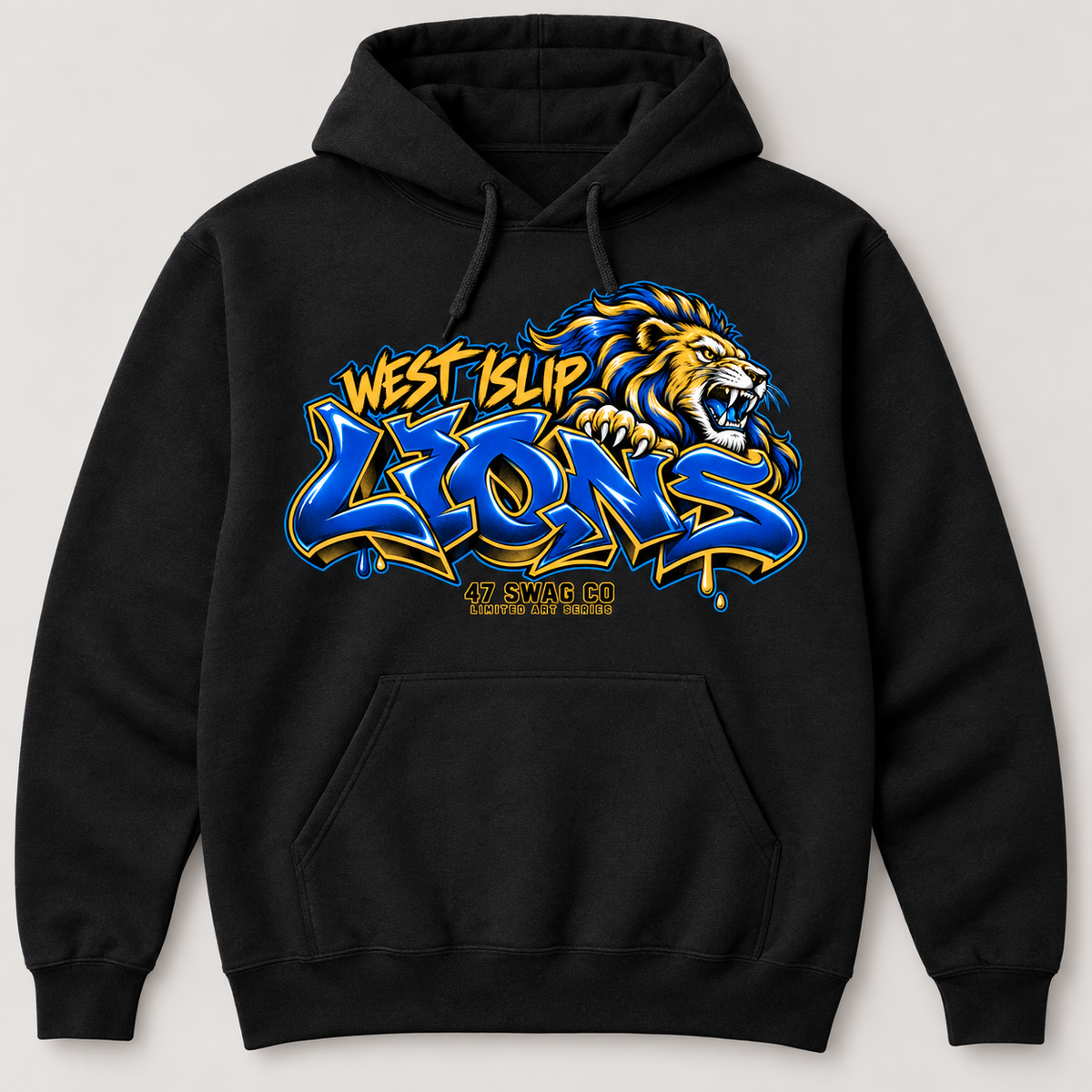 West Islip NYC Wildstyle Lions adult hoodie in black, front view