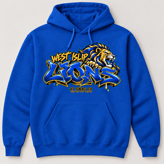 West Islip NYC Wildstyle Lions adult hoodie in royal blue, front view