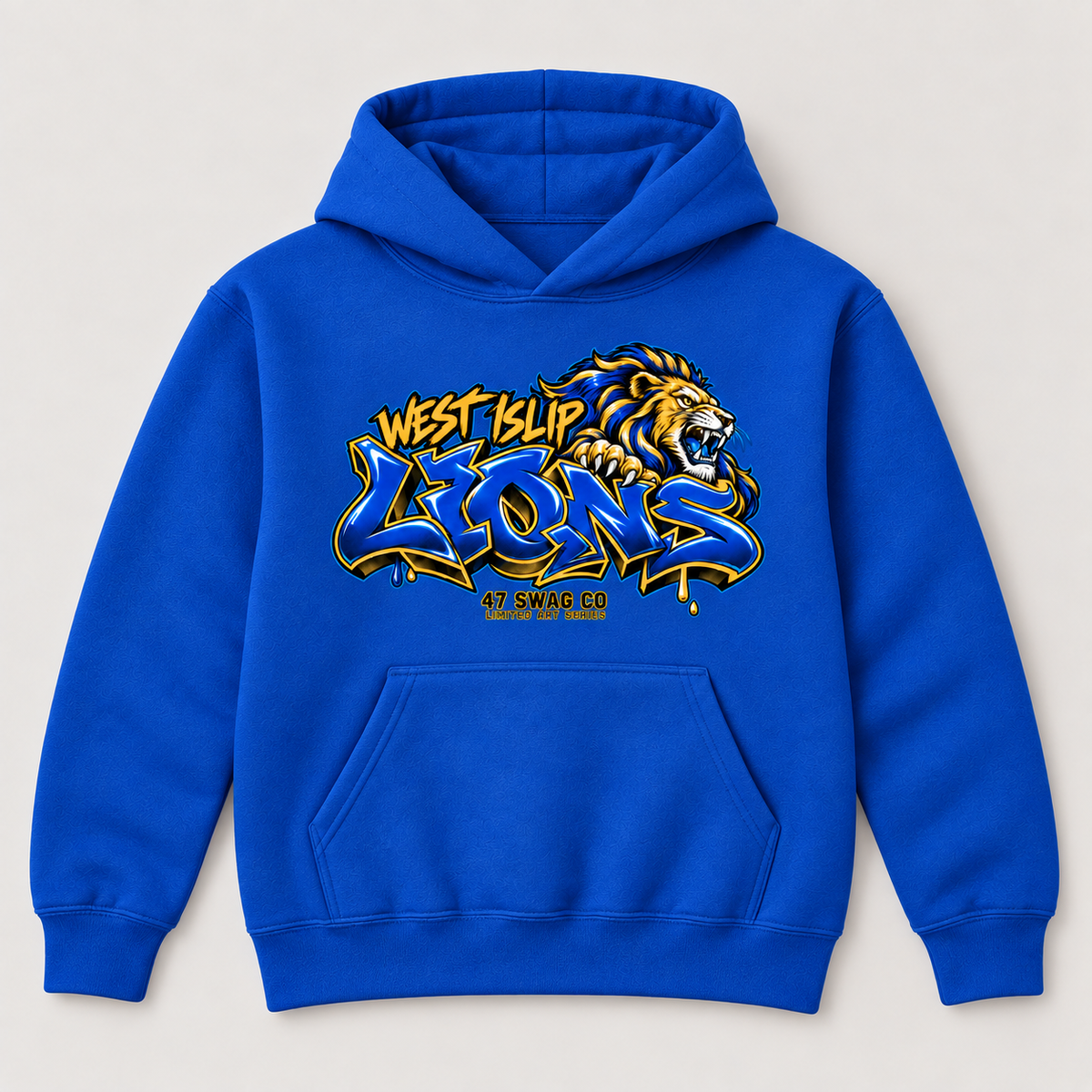 West Islip NYC Wildstyle Lions youth hoodie in royal blue, no drawcords