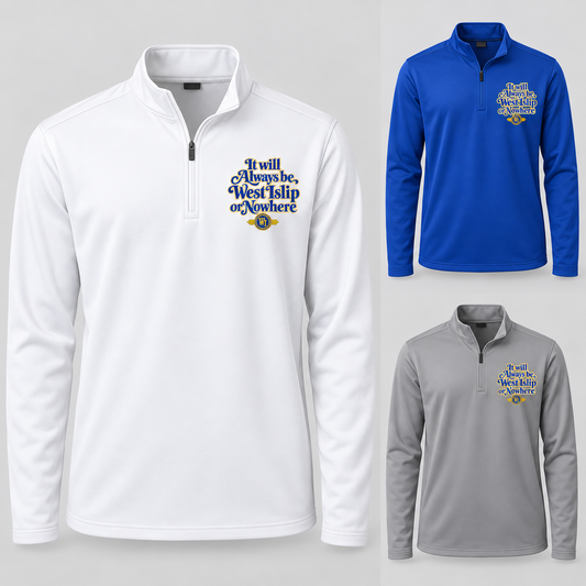 West Islip or Nowhere Always Script Performance Quarter-Zip; Grey Concrete, True Royal, White; product comparison views