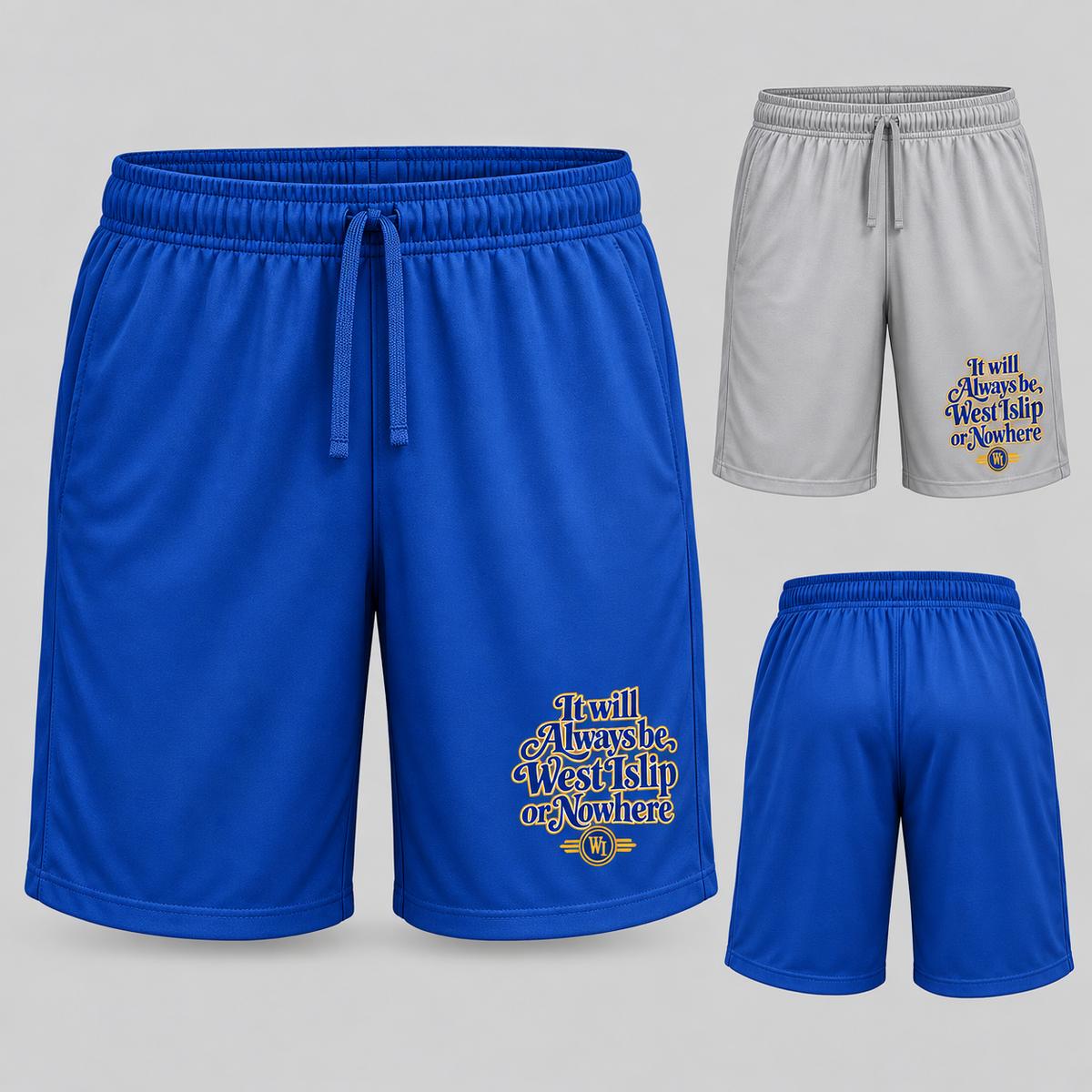 West Islip or Nowhere Always Script Performance Shorts; Silver, True Royal; product comparison views