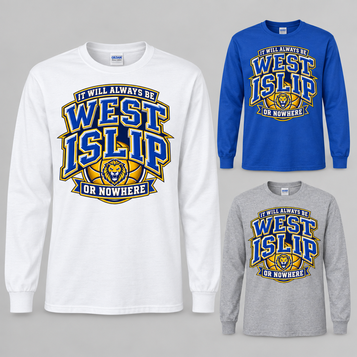 West Islip or Nowhere Courtside Crest Adult Long Sleeve; Royal, White, Sport Grey; product comparison views