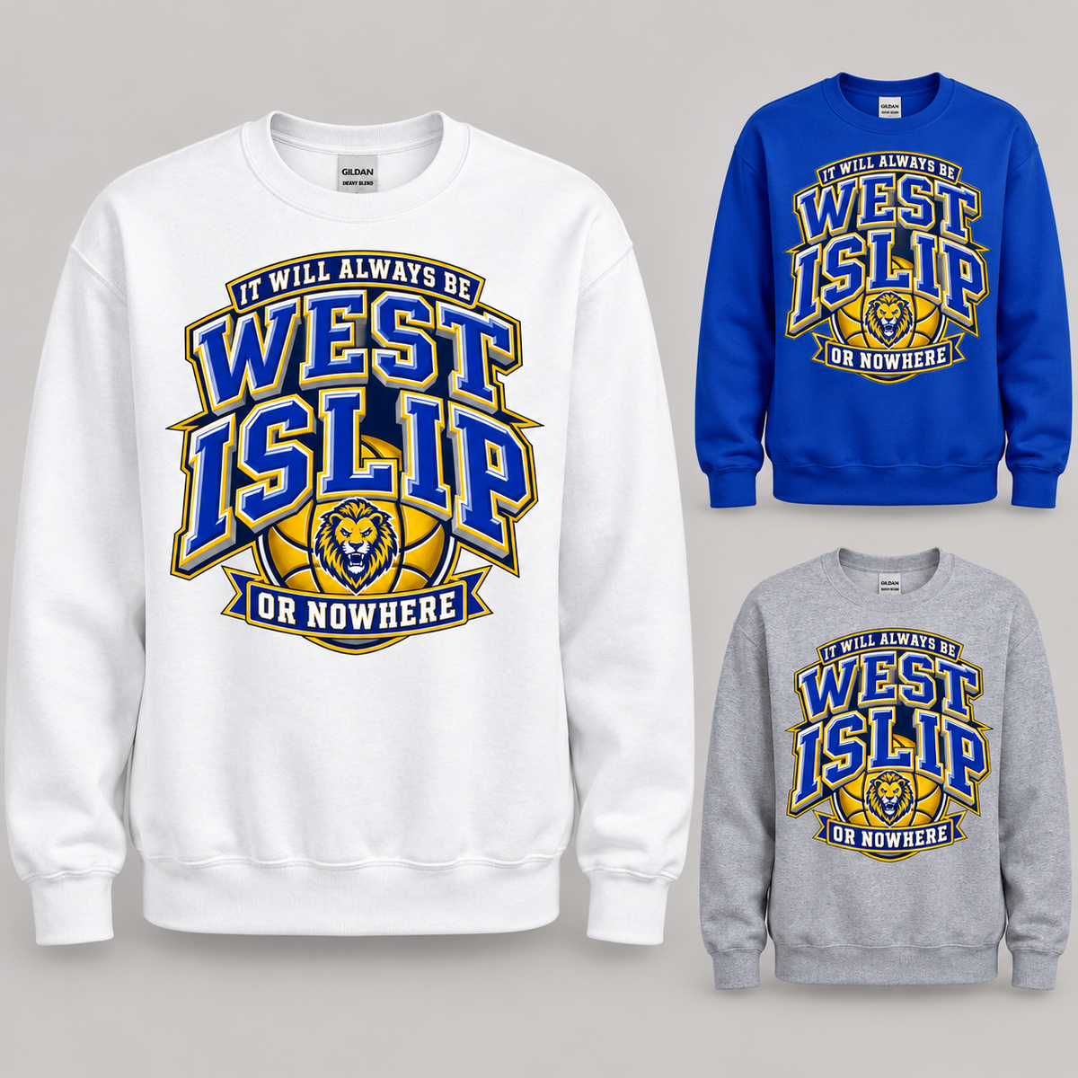 West Islip or Nowhere Courtside Crest Crewneck Sweatshirt; Royal Blue, Sport Gray, White; product comparison views