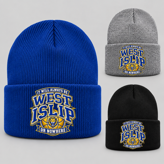West Islip or Nowhere Courtside Crest Cuffed Beanie; Royal Blue, Heather Gray, Black; product comparison views