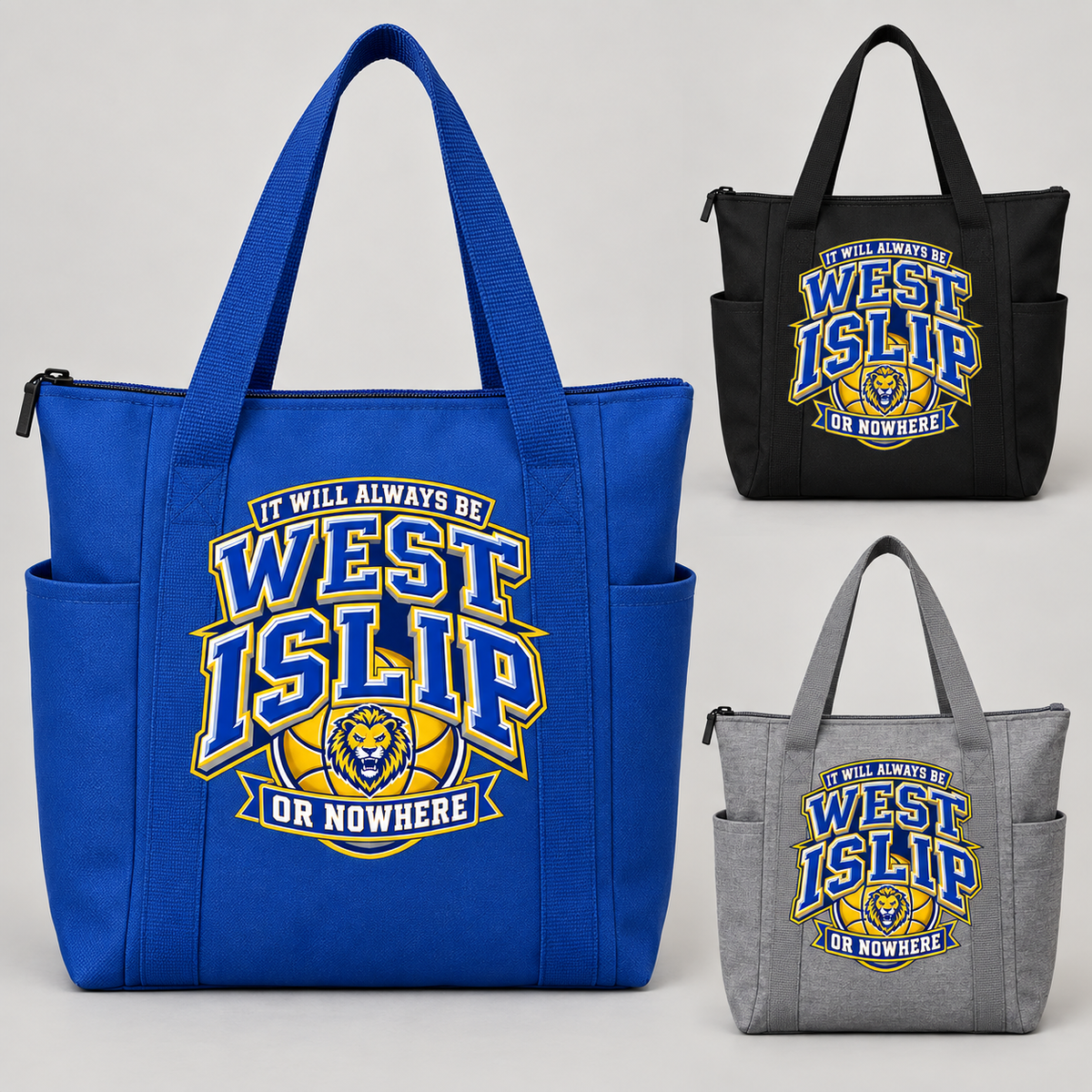 West Islip or Nowhere Courtside Crest Essential Zippered Tote; Black, Heather Grey, True Royal; product comparison views