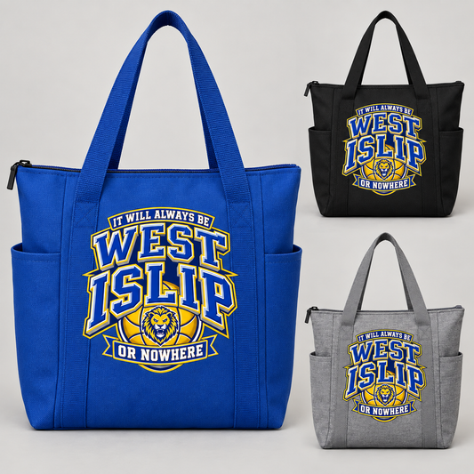 West Islip or Nowhere Courtside Crest Essential Zippered Tote; Black, Heather Grey, True Royal; product comparison views