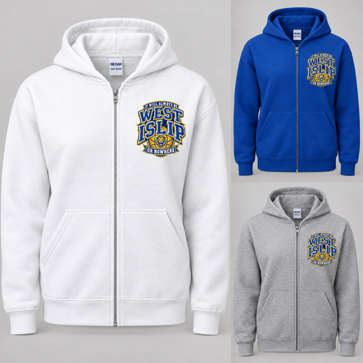 West Islip or Nowhere Courtside Crest Full-Zip Hoodie; Royal Blue, Sport Gray, White; product comparison views