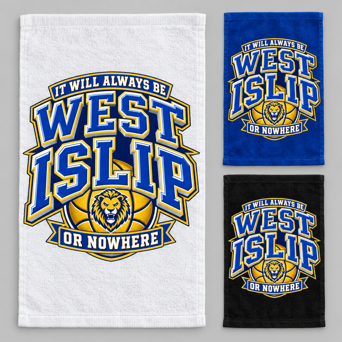 West Islip or Nowhere Courtside Crest Game Day Rally Towel; White, Royal Blue, Black; product comparison views