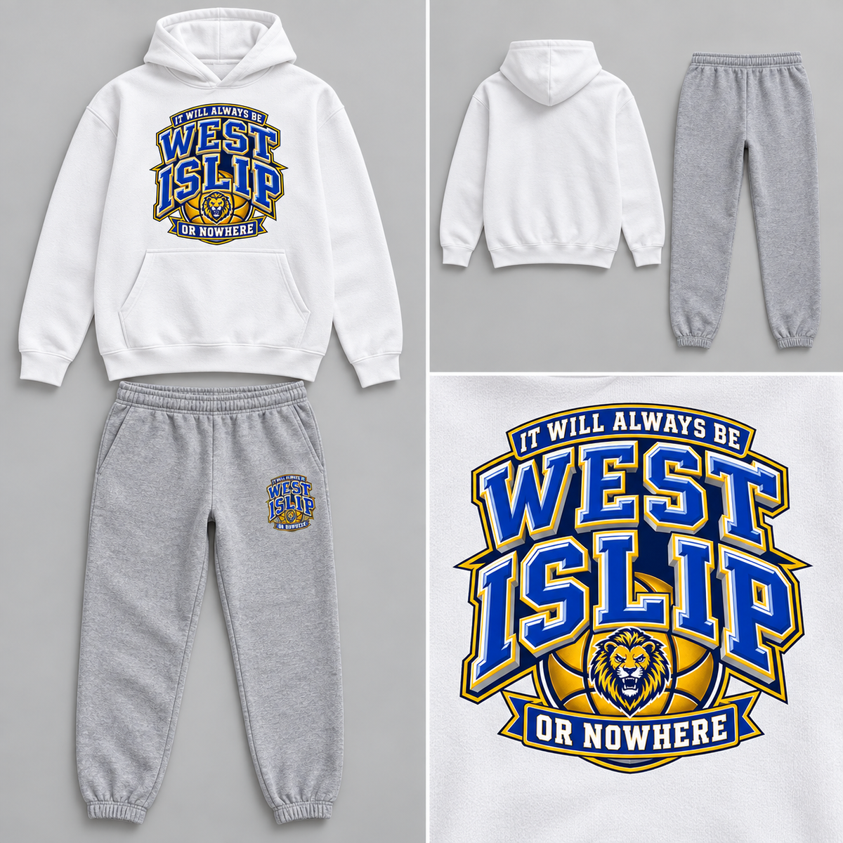 West Islip or Nowhere Courtside Crest Hoodie & Jogger Set; White Hoodie / Heather Gray Joggers; product comparison views