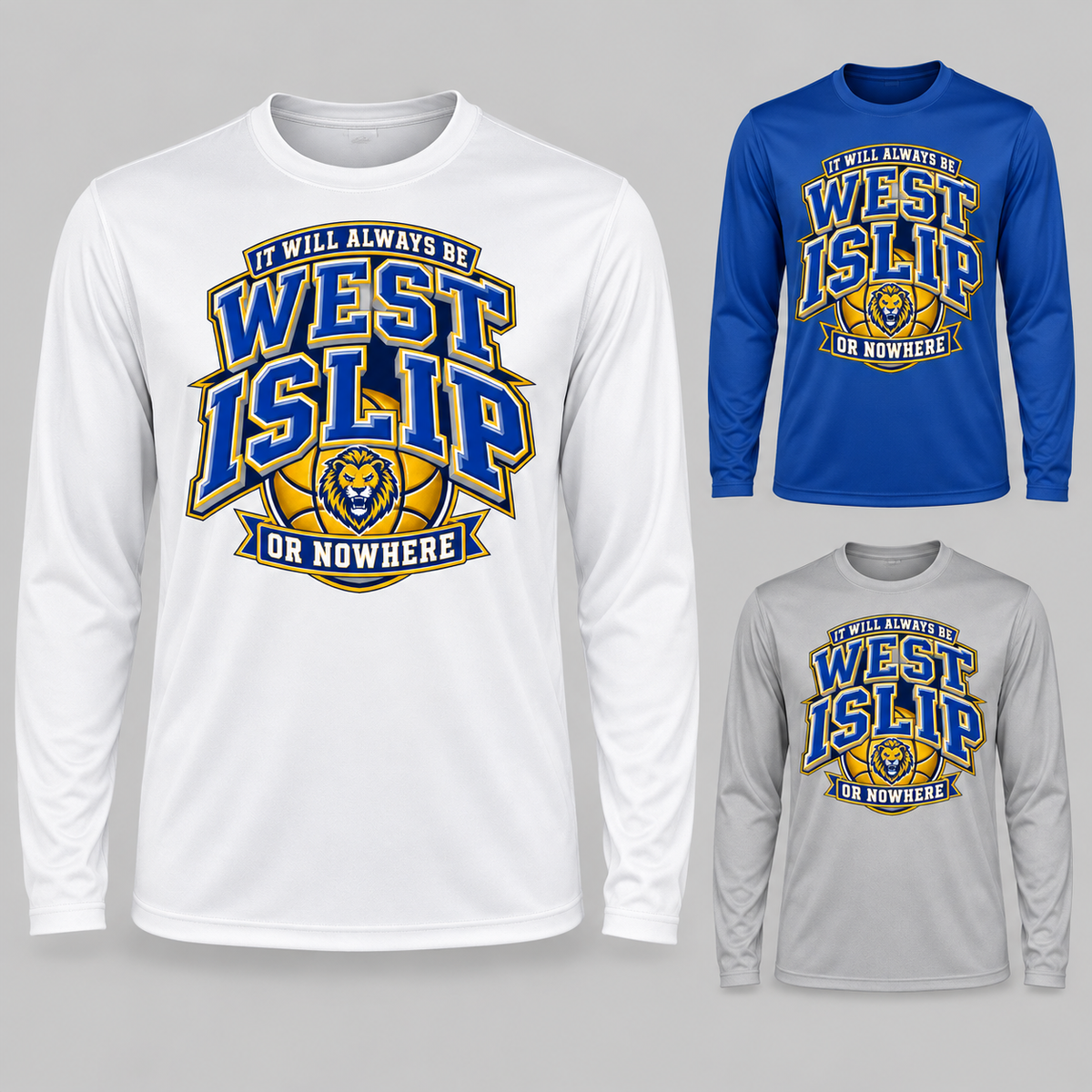 West Islip or Nowhere Courtside Crest Performance Long Sleeve; Silver, True Royal, White; product comparison views