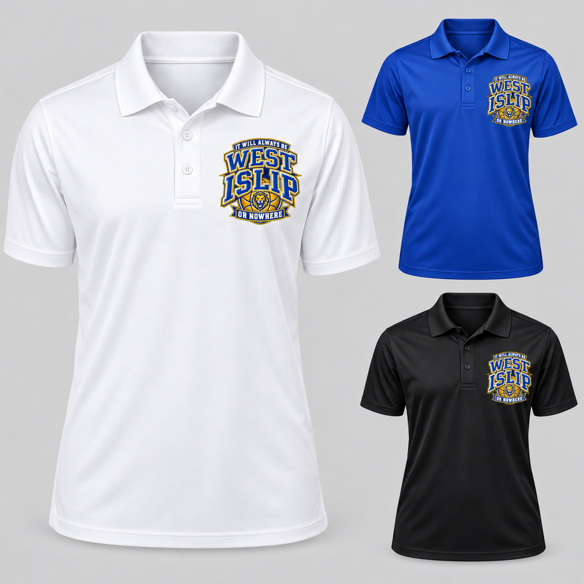 West Islip or Nowhere Courtside Crest Performance Polo; Royal Blue, White, Black; product comparison views