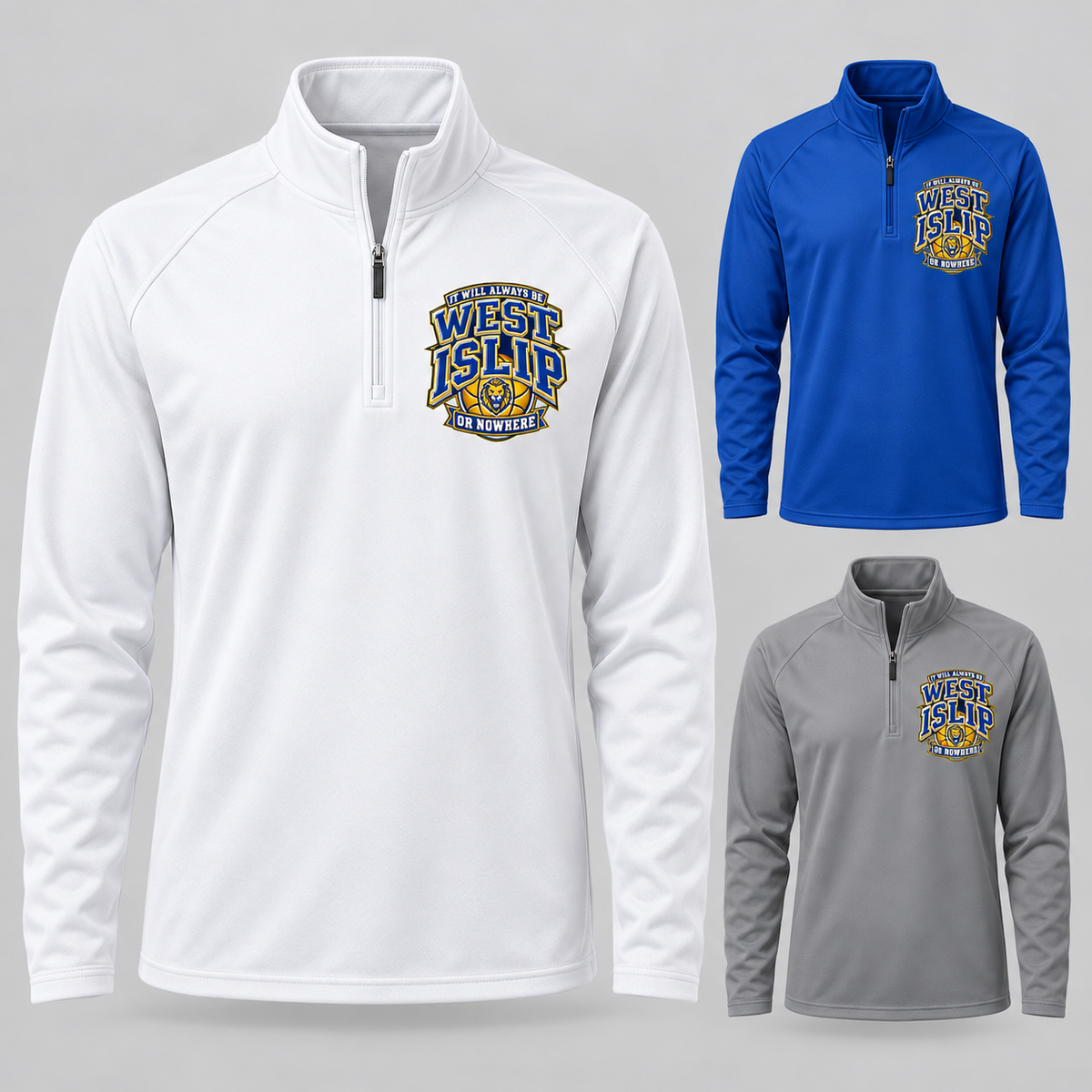 West Islip or Nowhere Courtside Crest Performance Quarter-Zip; Grey Concrete, True Royal, White; product comparison views