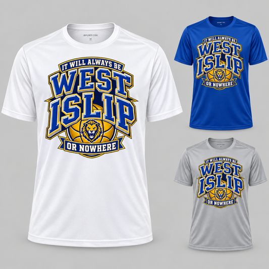 West Islip or Nowhere Courtside Crest Performance Tee; Silver, True Royal, White; product comparison views