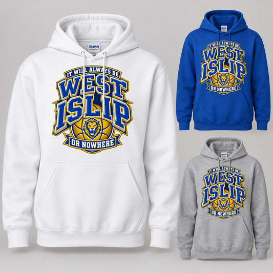 West Islip or Nowhere Courtside Crest Pullover Hoodie; Royal Blue, Sport Gray, White; product comparison views
