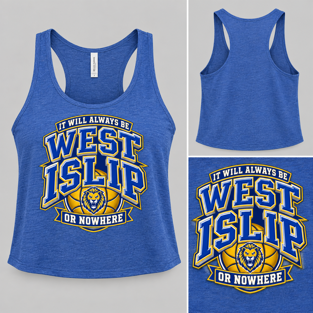 West Islip or Nowhere Courtside Crest Women's Cropped Racerback Tank; Heather True Royal; product comparison views