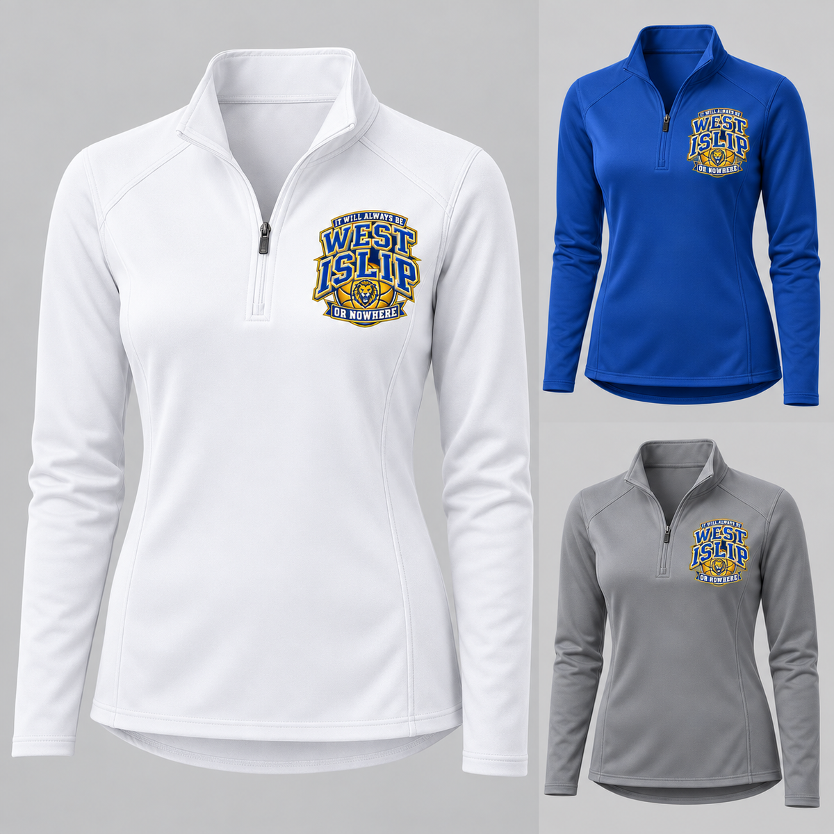 West Islip or Nowhere Courtside Crest Women's Performance Quarter-Zip; Grey Concrete, True Royal, White; product comparison views