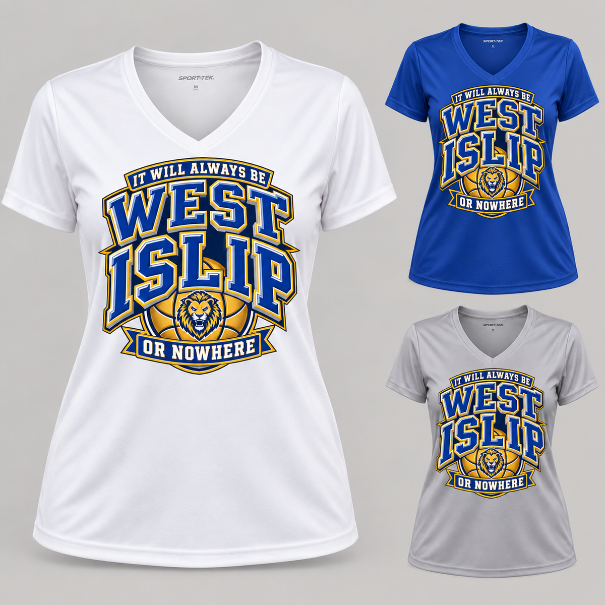 West Islip or Nowhere Courtside Crest Women's Performance V-Neck; Silver, True Royal, White; product comparison views