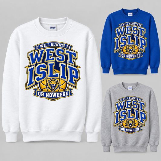 West Islip or Nowhere Courtside Crest Youth Crewneck Sweatshirt; Royal Blue, Sport Gray, White; product comparison views