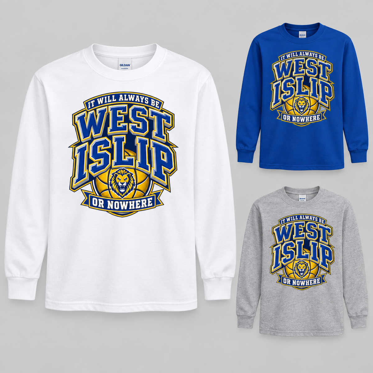 West Islip or Nowhere Courtside Crest Youth Long Sleeve; Royal, White, Sport Grey; product comparison views