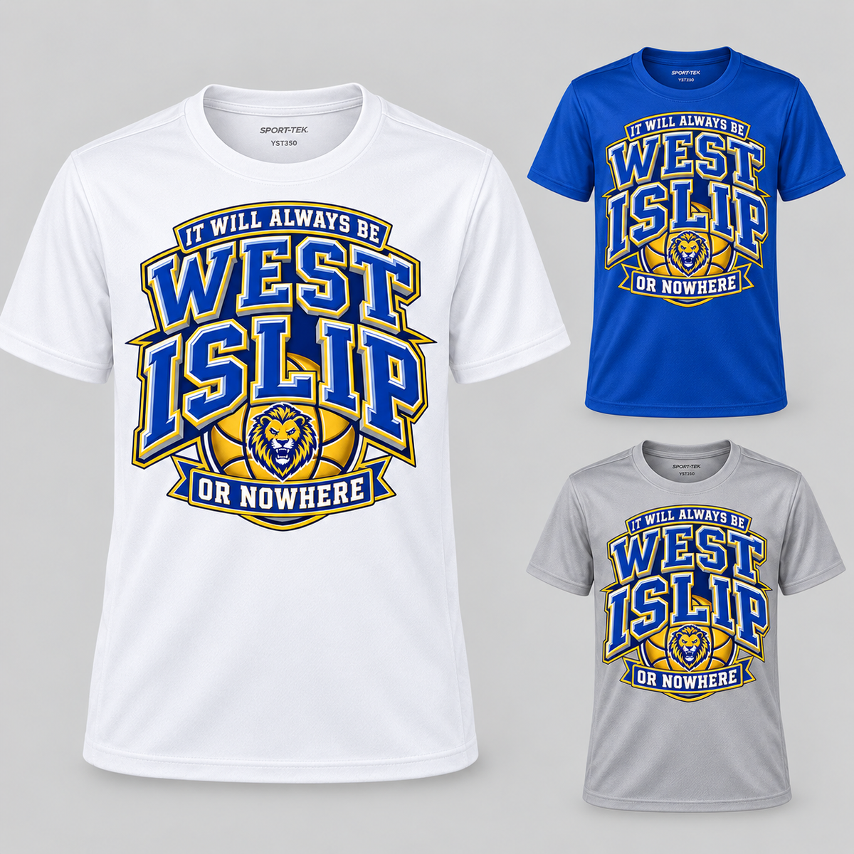 West Islip or Nowhere Courtside Crest Youth Performance Tee; Silver, True Royal, White; product comparison views