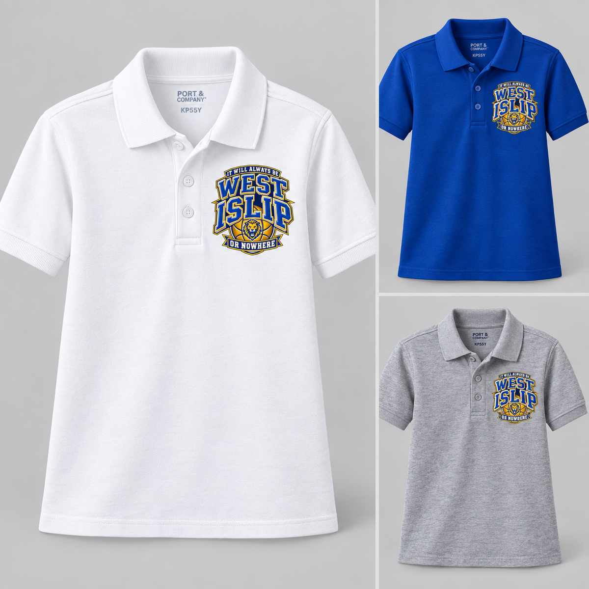 West Islip or Nowhere Courtside Crest Youth Polo; Royal, White, Athletic Heather; product comparison views