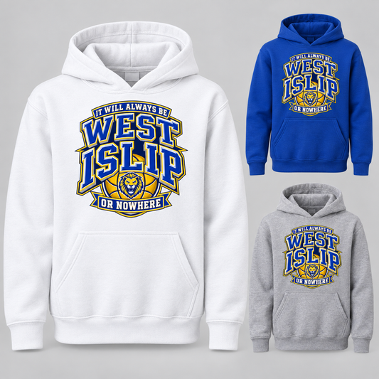 West Islip or Nowhere Courtside Crest Youth Pullover Hoodie; Royal Blue, Sport Gray, White; product comparison views