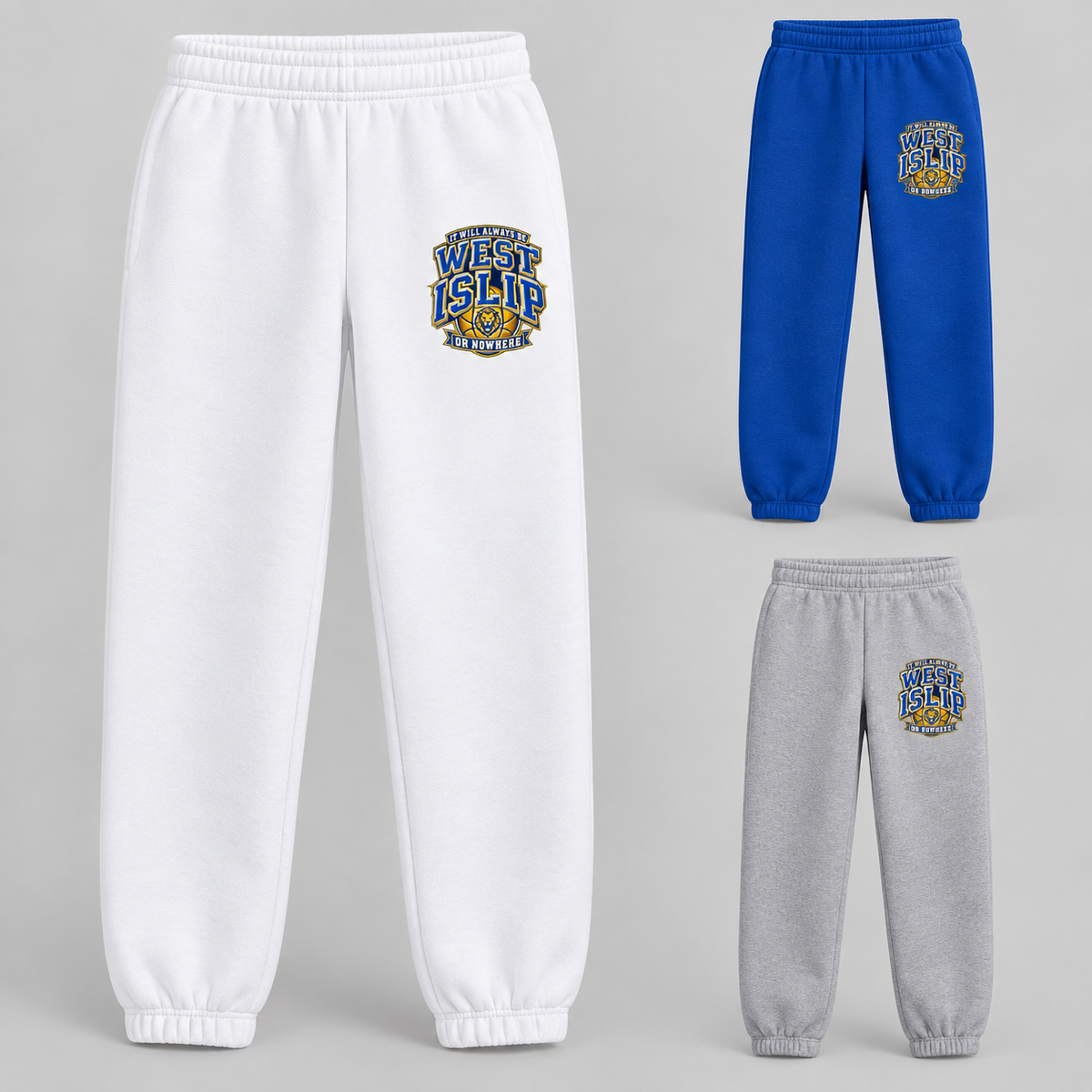 West Islip or Nowhere Courtside Crest Youth Sweatpants; Royal, White, Athletic Heather; product comparison views