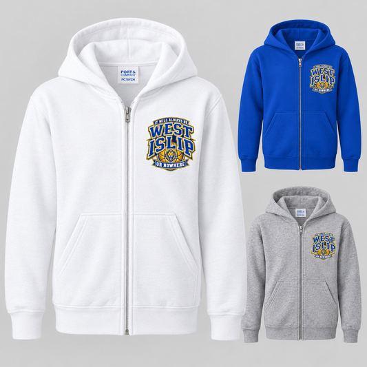 West Islip or Nowhere Courtside Crest Youth Zip-Up Hoodie; Royal, White, Athletic Heather; product comparison views
