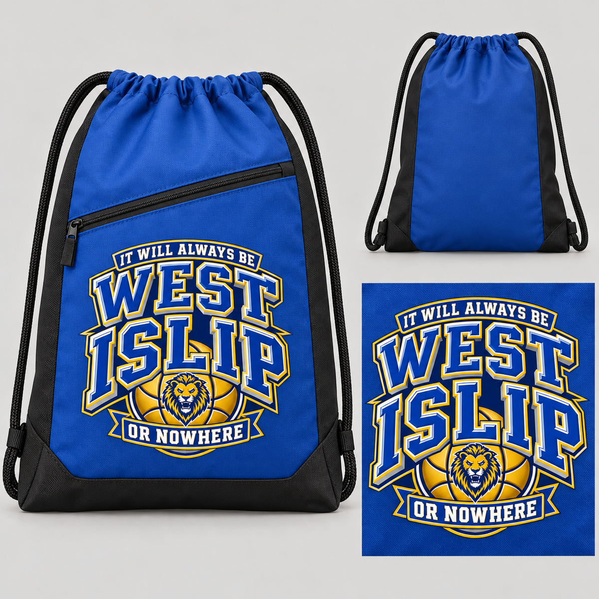 West Islip or Nowhere Courtside Crest Zip-Pocket Drawstring Bag; True Royal / Black; product comparison views