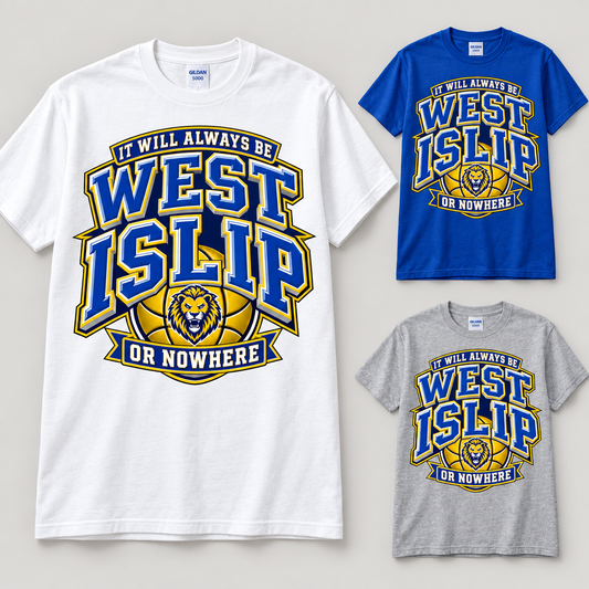 West Islip or Nowhere Courtside Crest Cotton Tee; Royal Blue, Sport Gray, White; product comparison views