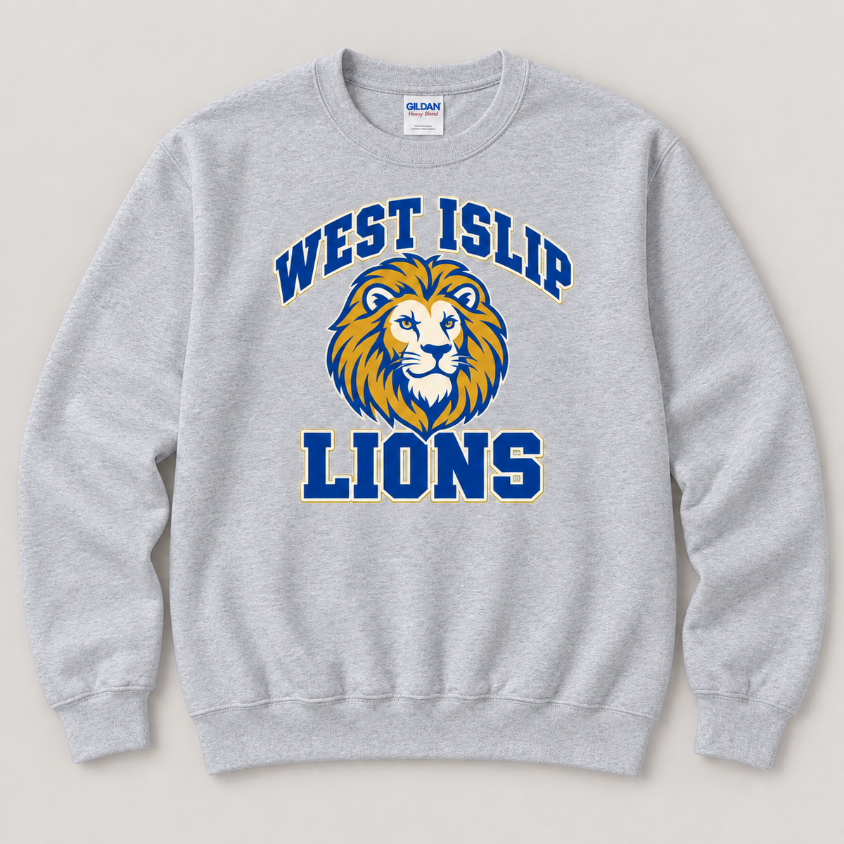 West Islip Lions Retro Varsity Crewneck Sweatshirt — Sport Gray front design mockup