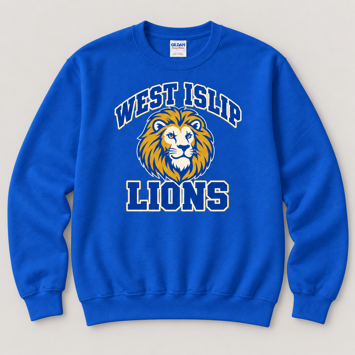 West Islip Lions Retro Varsity Crewneck Sweatshirt — Royal Blue front design mockup