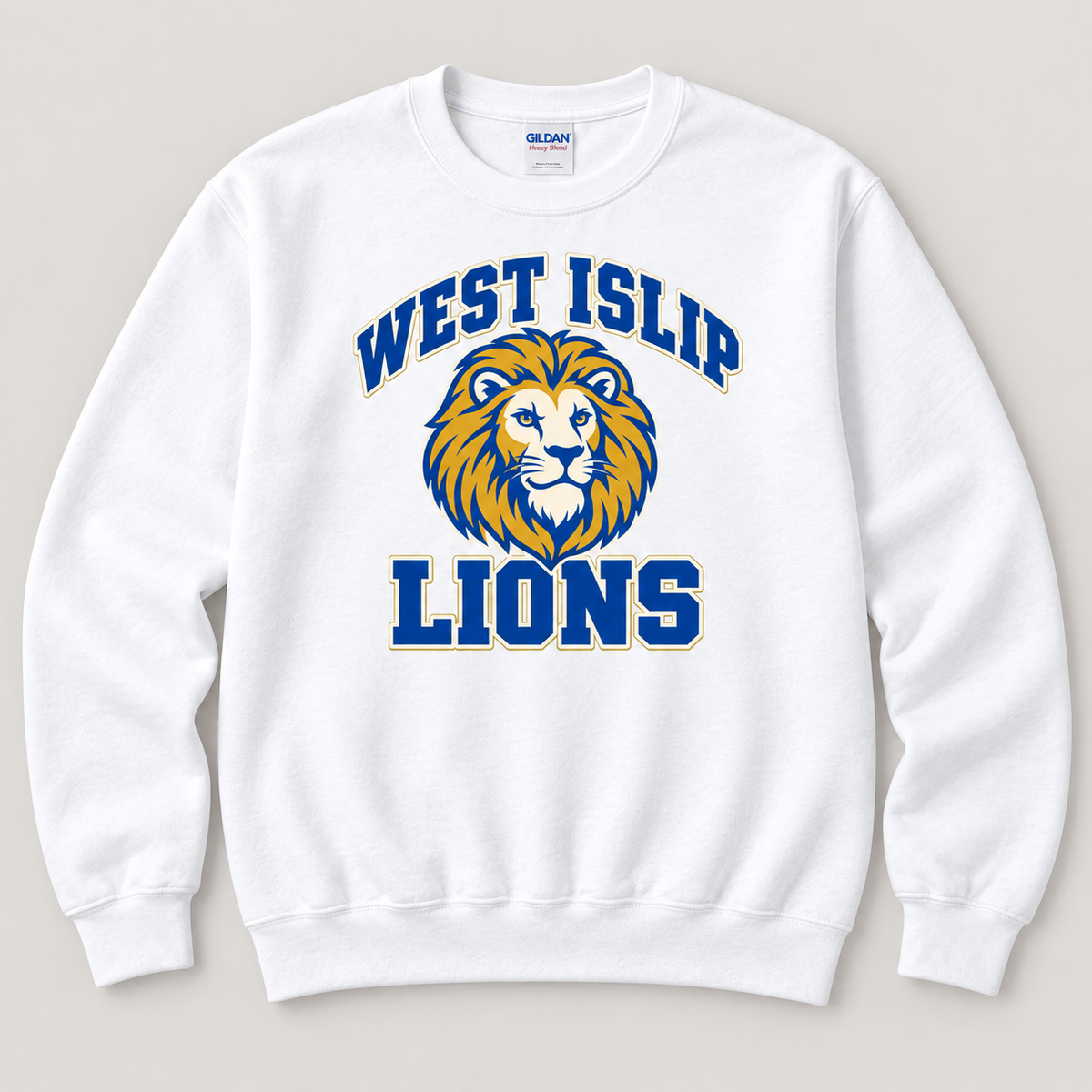 West Islip Lions Retro Varsity Crewneck Sweatshirt — White front design mockup