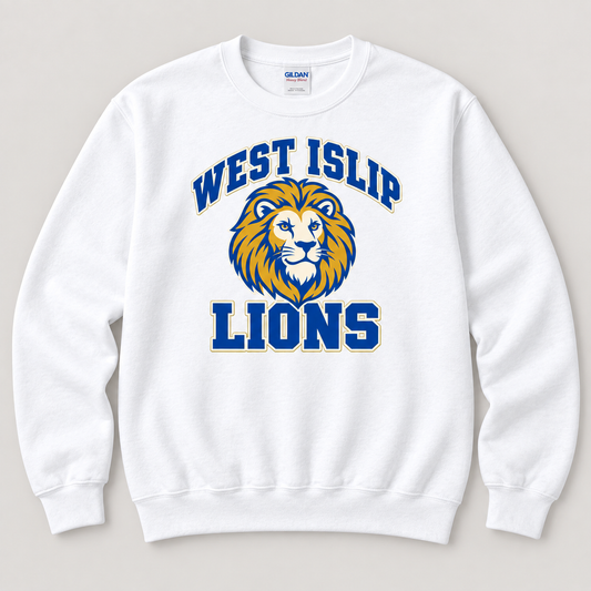 West Islip Lions Retro Varsity Crewneck Sweatshirt — White front design mockup