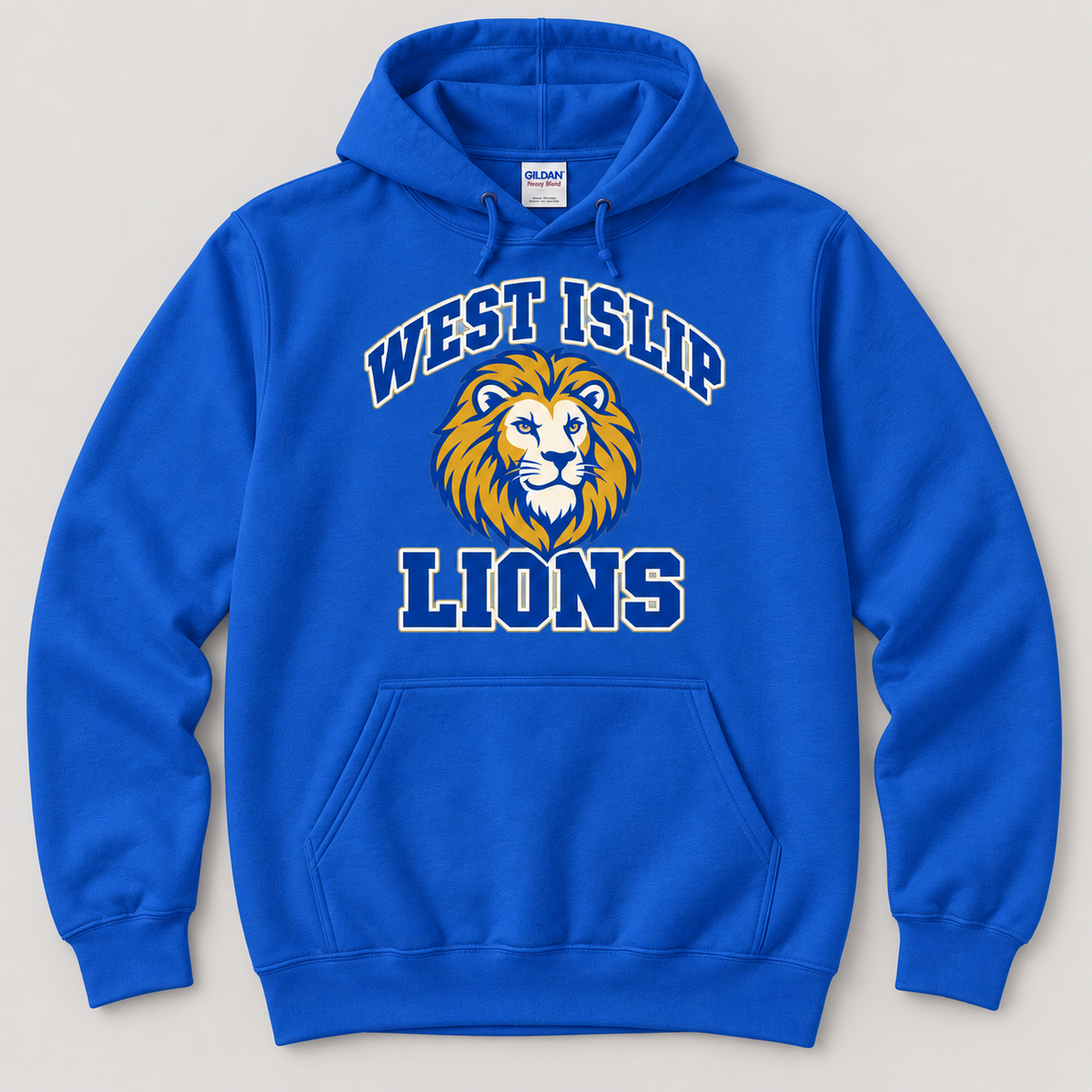 West Islip Lions Retro Varsity Adult Pullover Hoodie — Royal Blue front design mockup