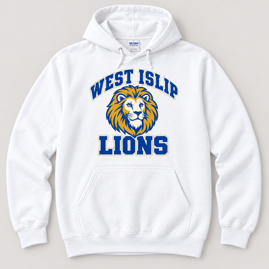 West Islip Lions Retro Varsity Adult Pullover Hoodie — White front design mockup