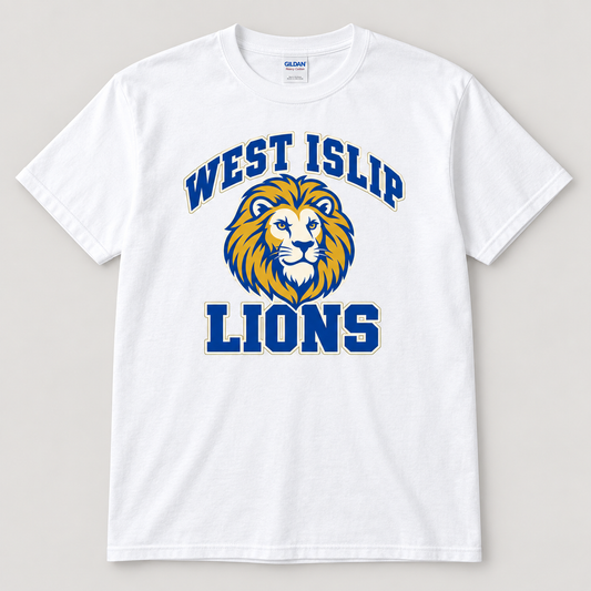 West Islip Lions Retro Varsity T-Shirt — White front design mockup