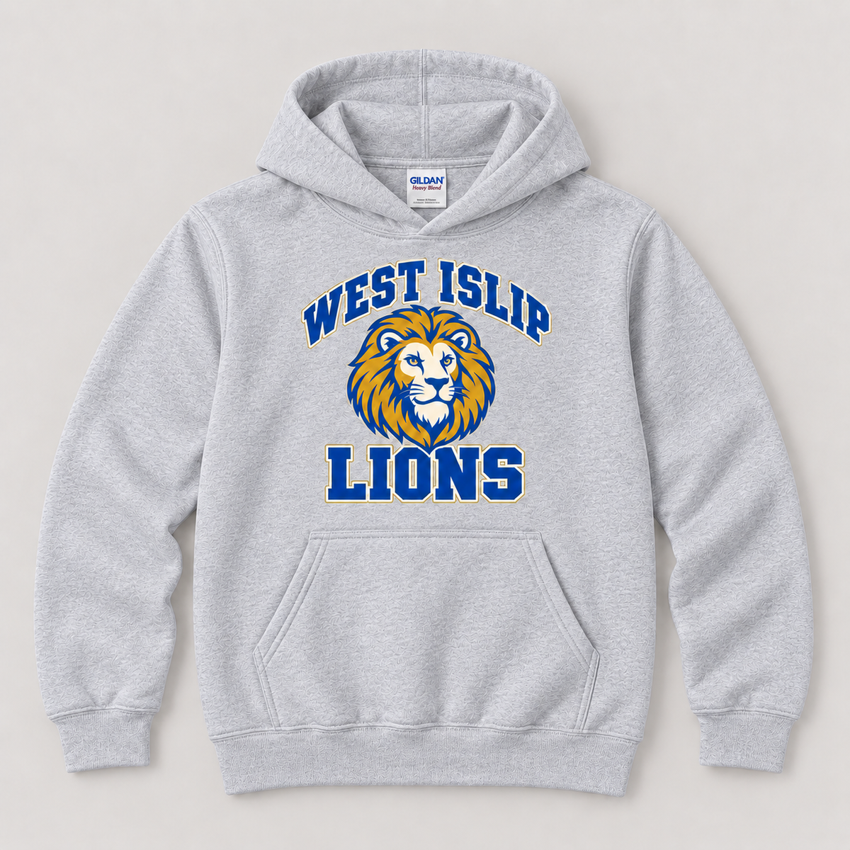 West Islip Lions Retro Varsity Youth Pullover Hoodie — Sport Gray front design mockup