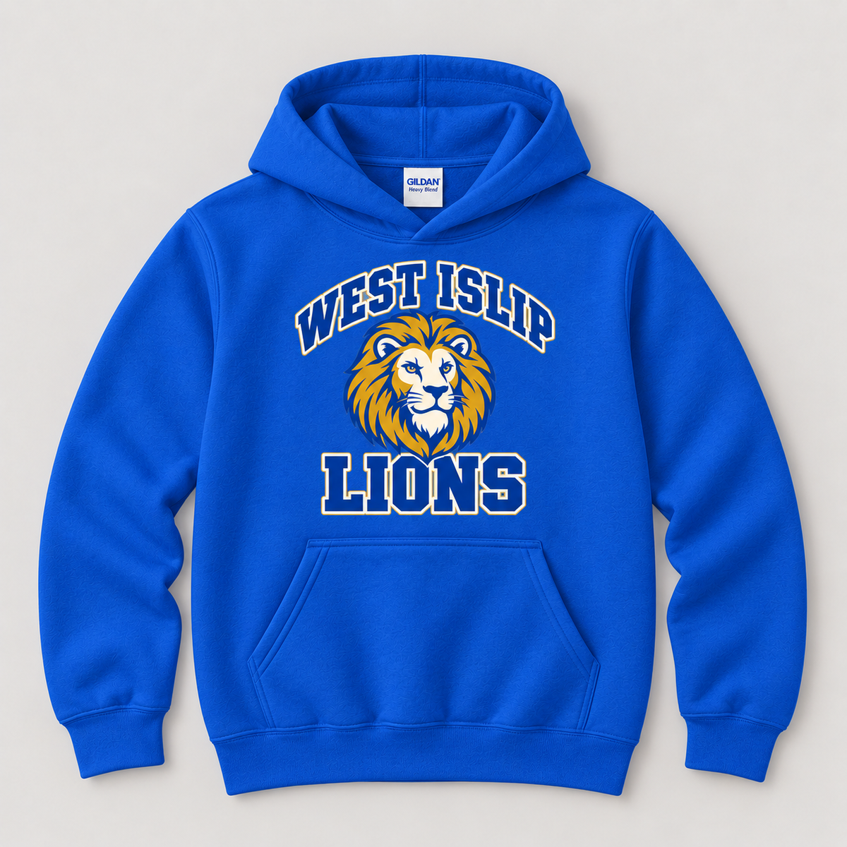 West Islip Lions Retro Varsity Youth Pullover Hoodie — Royal Blue front design mockup