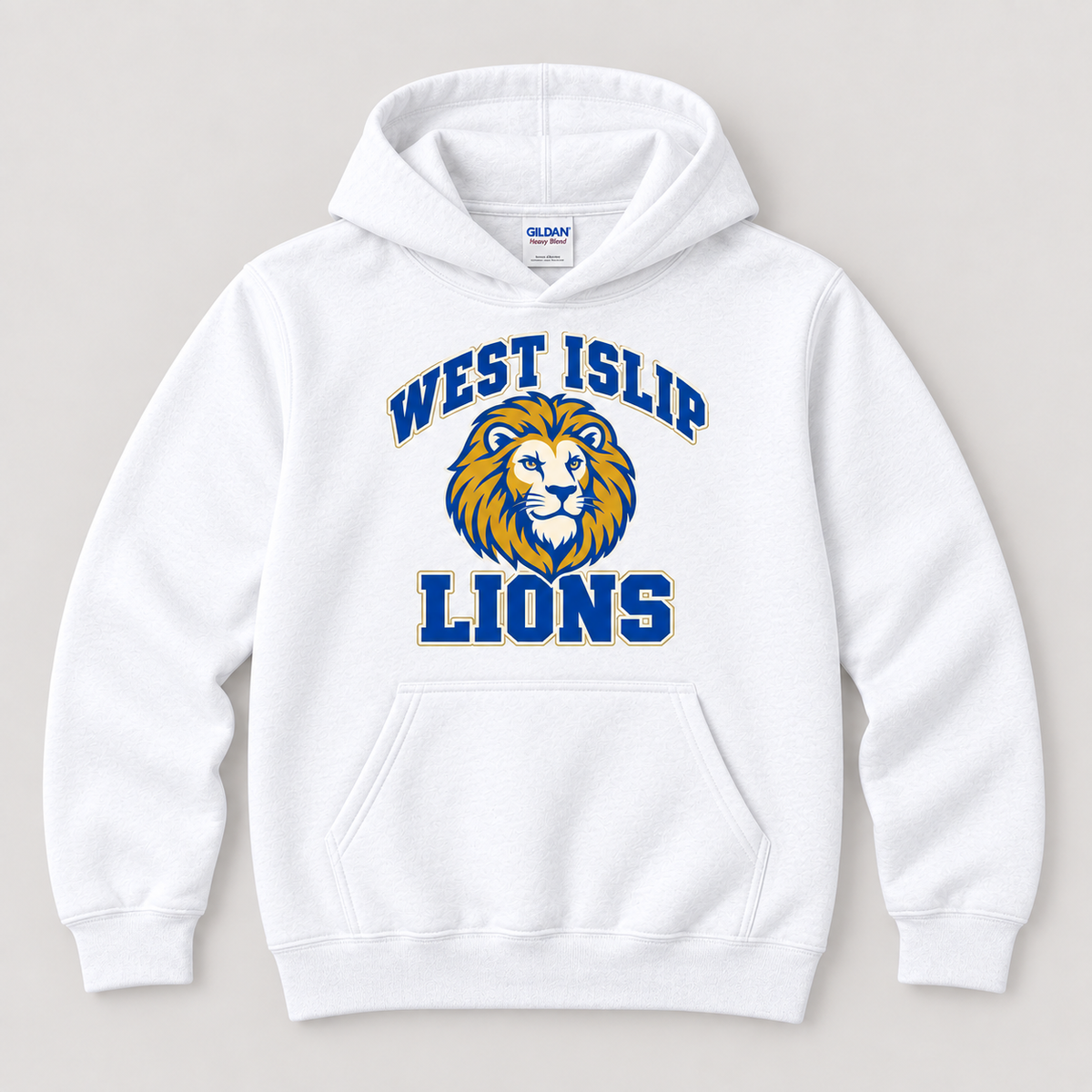 West Islip Lions Retro Varsity Youth Pullover Hoodie — White front design mockup