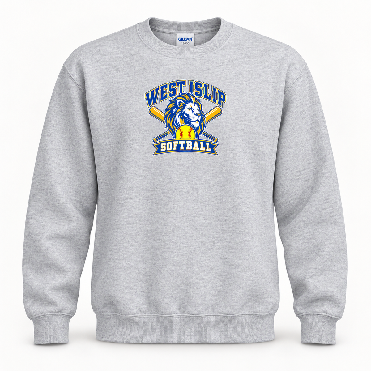 West Islip Softball Lion Crest Crewneck Sweatshirt in Heather Gray, front view