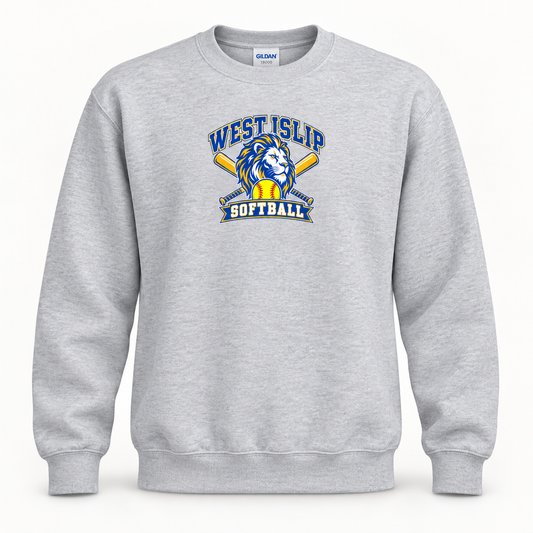 West Islip Softball Lion Crest Crewneck Sweatshirt in Heather Gray, front view