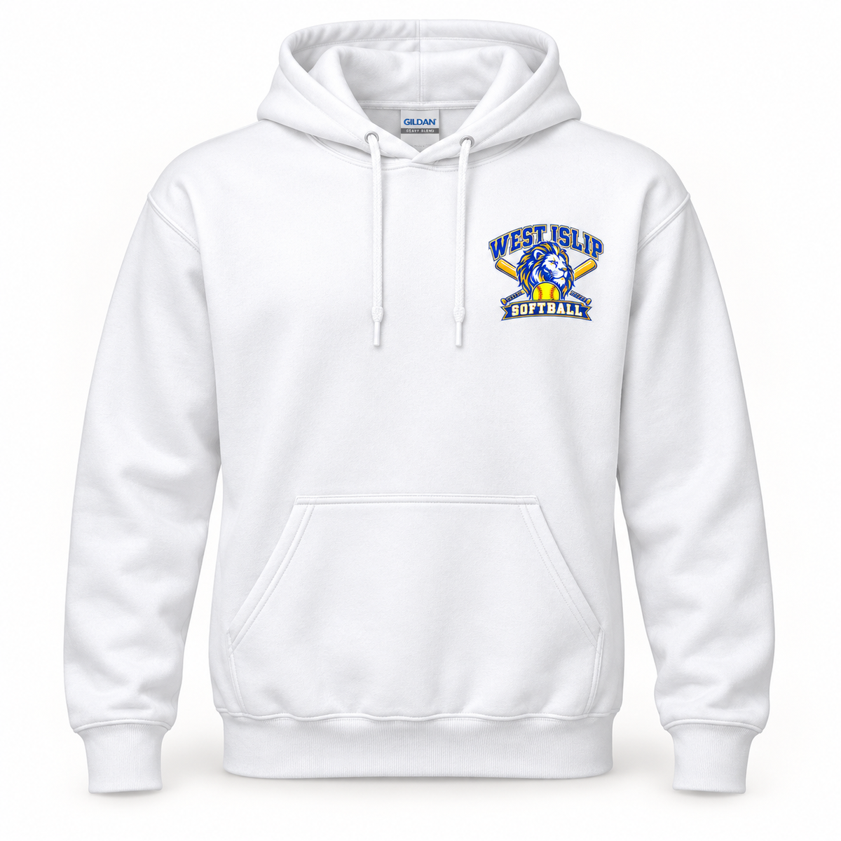 West Islip Softball Lion Crest Pullover Hoodie in White, front view