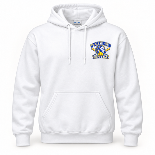 West Islip Softball Lion Crest Pullover Hoodie in White, front view