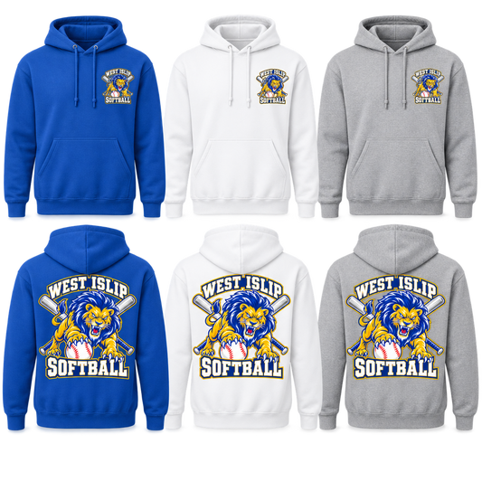 West Islip Softball Pounce Lion Adult Front & Back Hoodie — Royal Blue, White, Heather Gray