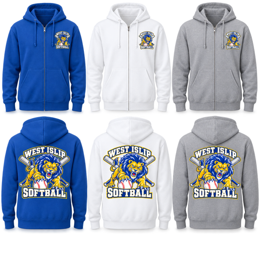 West Islip Softball Pounce Lion Adult Front & Back Zip Hoodie — Royal Blue, White, Heather Gray