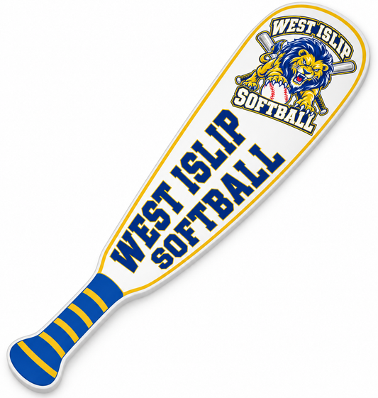 West Islip Softball Pounce Lion Bat-Shaped Fan Paddle Cutout — Royal, gold and white