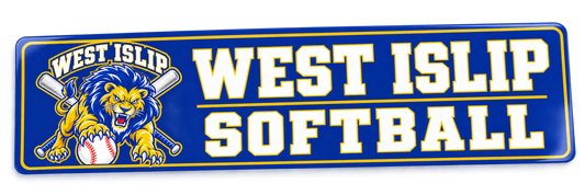 West Islip Softball Pounce Lion Softball Bumper Sticker — Royal, gold and white
