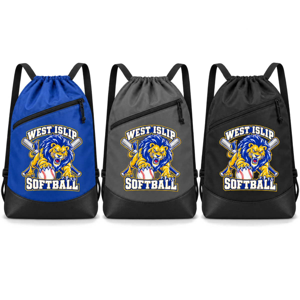 West Islip Softball Pounce Lion Polyester Zip-Pocket Drawstring Bag — Royal Blue / Black, Graphite Gray / Black, Black